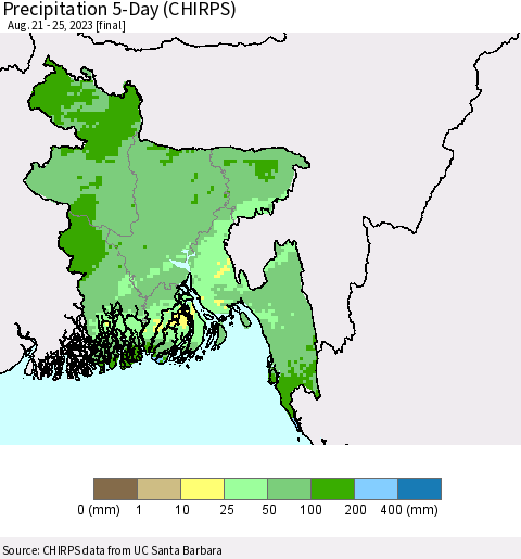 Bangladesh Precipitation 5-Day (CHIRPS) Thematic Map For 8/21/2023 - 8/25/2023