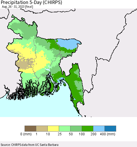 Bangladesh Precipitation 5-Day (CHIRPS) Thematic Map For 8/26/2023 - 8/31/2023