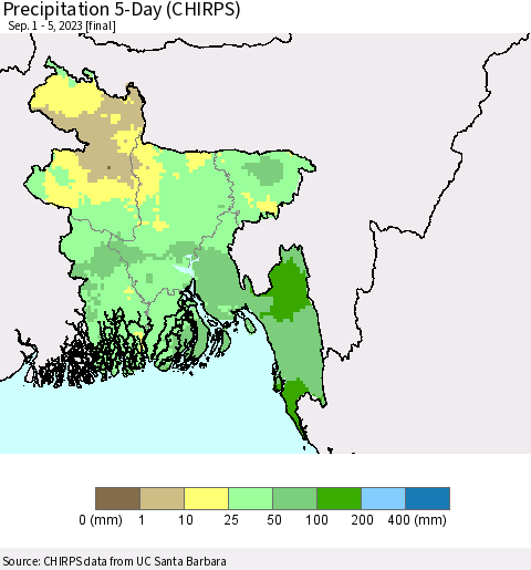 Bangladesh Precipitation 5-Day (CHIRPS) Thematic Map For 9/1/2023 - 9/5/2023