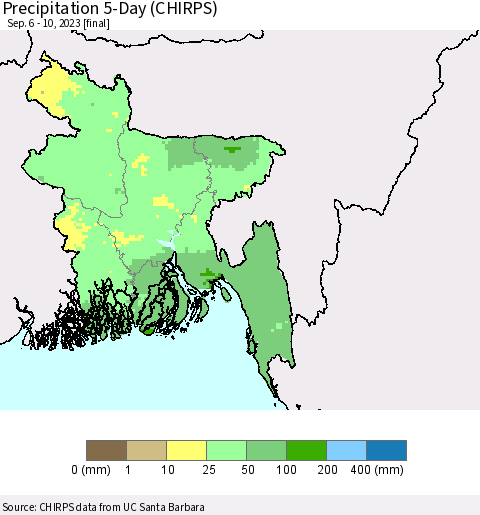 Bangladesh Precipitation 5-Day (CHIRPS) Thematic Map For 9/6/2023 - 9/10/2023