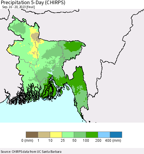 Bangladesh Precipitation 5-Day (CHIRPS) Thematic Map For 9/16/2023 - 9/20/2023