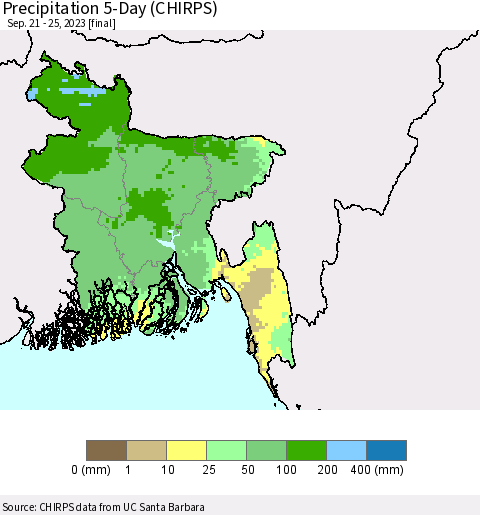 Bangladesh Precipitation 5-Day (CHIRPS) Thematic Map For 9/21/2023 - 9/25/2023
