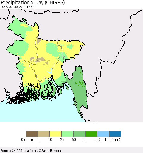 Bangladesh Precipitation 5-Day (CHIRPS) Thematic Map For 9/26/2023 - 9/30/2023