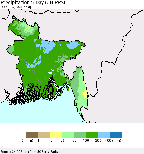 Bangladesh Precipitation 5-Day (CHIRPS) Thematic Map For 10/1/2023 - 10/5/2023