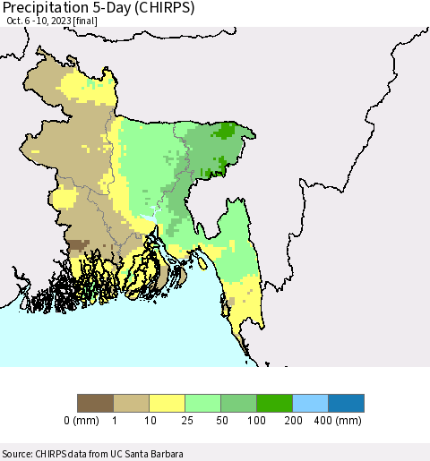 Bangladesh Precipitation 5-Day (CHIRPS) Thematic Map For 10/6/2023 - 10/10/2023