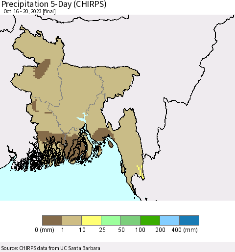 Bangladesh Precipitation 5-Day (CHIRPS) Thematic Map For 10/16/2023 - 10/20/2023