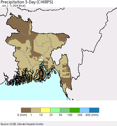 Bangladesh Precipitation 5-Day (CHIRPS) Thematic Map For 1/1/2024 - 1/5/2024