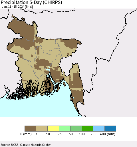 Bangladesh Precipitation 5-Day (CHIRPS) Thematic Map For 1/11/2024 - 1/15/2024