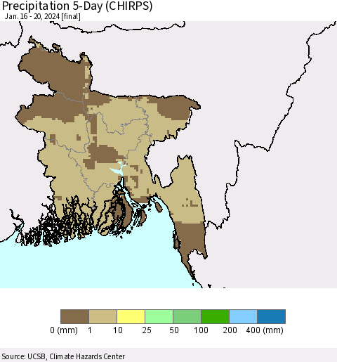 Bangladesh Precipitation 5-Day (CHIRPS) Thematic Map For 1/16/2024 - 1/20/2024