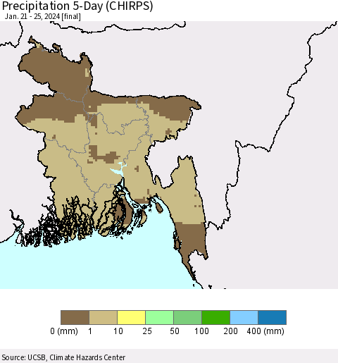 Bangladesh Precipitation 5-Day (CHIRPS) Thematic Map For 1/21/2024 - 1/25/2024