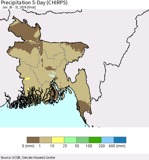 Bangladesh Precipitation 5-Day (CHIRPS) Thematic Map For 1/26/2024 - 1/31/2024