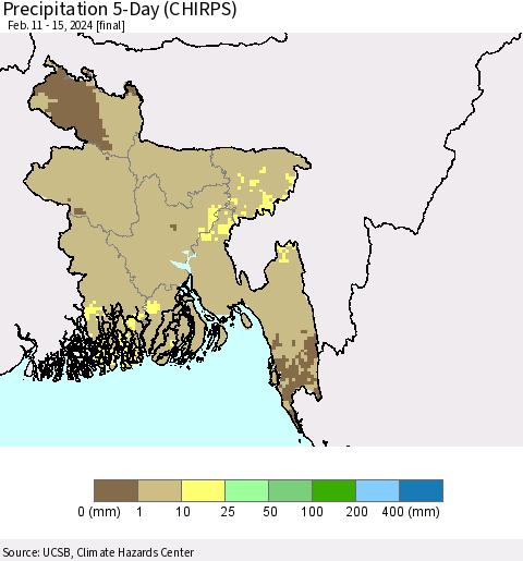 Bangladesh Precipitation 5-Day (CHIRPS) Thematic Map For 2/11/2024 - 2/15/2024