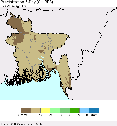 Bangladesh Precipitation 5-Day (CHIRPS) Thematic Map For 2/16/2024 - 2/20/2024