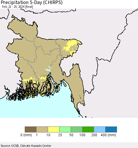 Bangladesh Precipitation 5-Day (CHIRPS) Thematic Map For 2/21/2024 - 2/25/2024