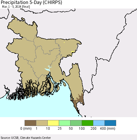 Bangladesh Precipitation 5-Day (CHIRPS) Thematic Map For 3/1/2024 - 3/5/2024