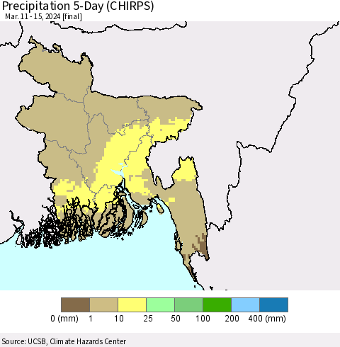 Bangladesh Precipitation 5-Day (CHIRPS) Thematic Map For 3/11/2024 - 3/15/2024