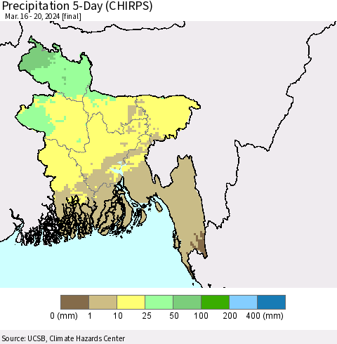 Bangladesh Precipitation 5-Day (CHIRPS) Thematic Map For 3/16/2024 - 3/20/2024