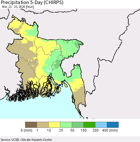 Bangladesh Precipitation 5-Day (CHIRPS) Thematic Map For 3/21/2024 - 3/25/2024