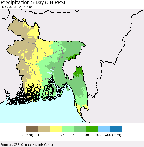 Bangladesh Precipitation 5-Day (CHIRPS) Thematic Map For 3/26/2024 - 3/31/2024