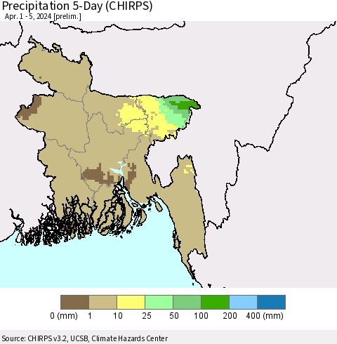 Bangladesh Precipitation 5-Day (CHIRPS) Thematic Map For 4/1/2024 - 4/5/2024