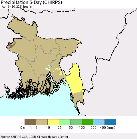 Bangladesh Precipitation 5-Day (CHIRPS) Thematic Map For 4/6/2024 - 4/10/2024