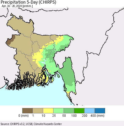 Bangladesh Precipitation 5-Day (CHIRPS) Thematic Map For 4/16/2024 - 4/20/2024