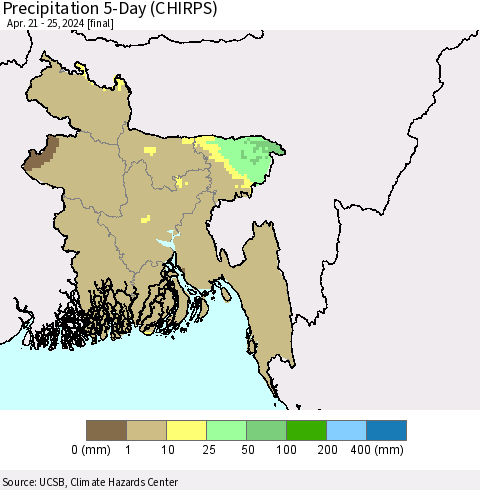 Bangladesh Precipitation 5-Day (CHIRPS) Thematic Map For 4/21/2024 - 4/25/2024