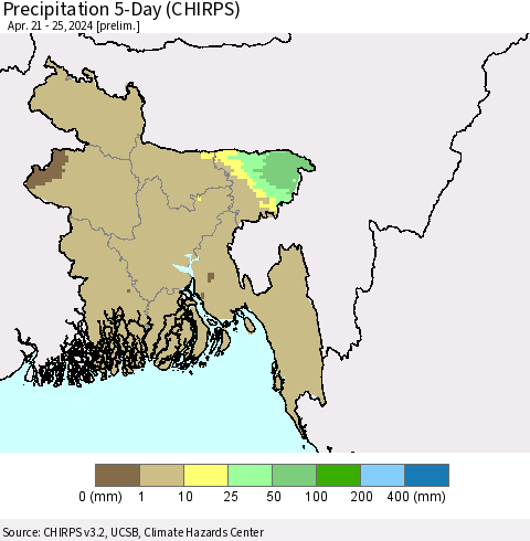Bangladesh Precipitation 5-Day (CHIRPS) Thematic Map For 4/21/2024 - 4/25/2024