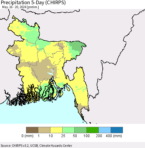 Bangladesh Precipitation 5-Day (CHIRPS) Thematic Map For 5/16/2024 - 5/20/2024
