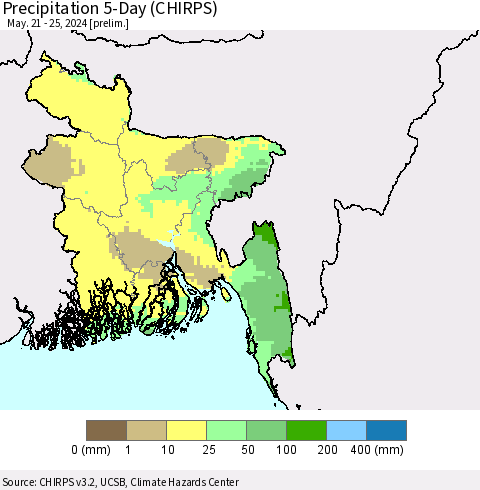 Bangladesh Precipitation 5-Day (CHIRPS) Thematic Map For 5/21/2024 - 5/25/2024