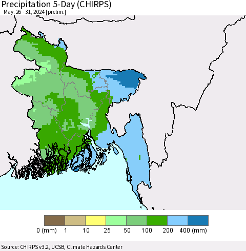 Bangladesh Precipitation 5-Day (CHIRPS) Thematic Map For 5/26/2024 - 5/31/2024