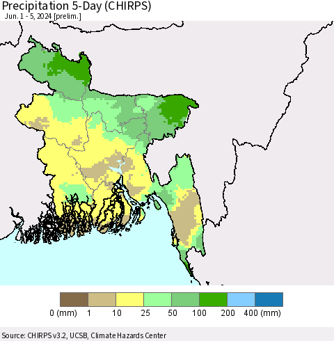 Bangladesh Precipitation 5-Day (CHIRPS) Thematic Map For 6/1/2024 - 6/5/2024