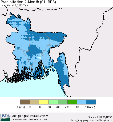 Bangladesh Precipitation 2-Month (CHIRPS) Thematic Map For 5/6/2021 - 7/5/2021