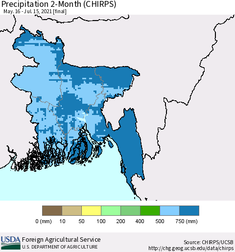 Bangladesh Precipitation 2-Month (CHIRPS) Thematic Map For 5/16/2021 - 7/15/2021