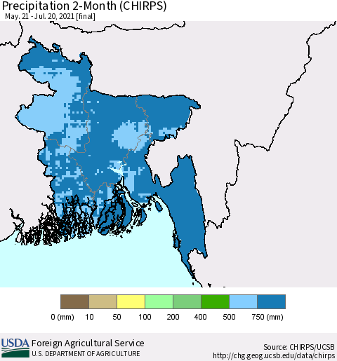 Bangladesh Precipitation 2-Month (CHIRPS) Thematic Map For 5/21/2021 - 7/20/2021