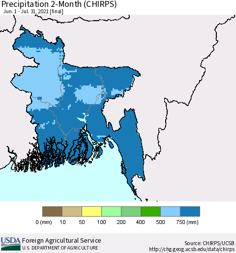 Bangladesh Precipitation 2-Month (CHIRPS) Thematic Map For 6/1/2021 - 7/31/2021