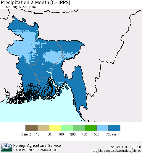 Bangladesh Precipitation 2-Month (CHIRPS) Thematic Map For 6/6/2021 - 8/5/2021