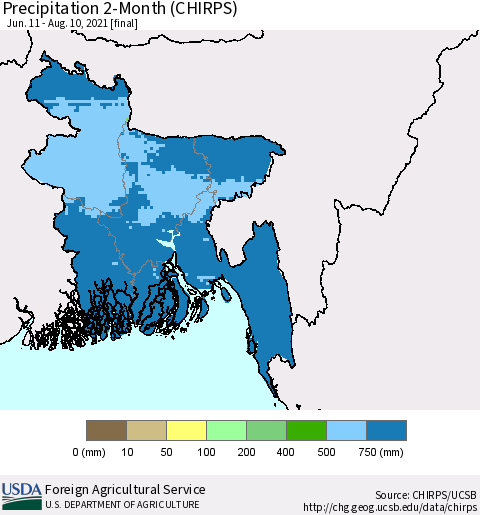 Bangladesh Precipitation 2-Month (CHIRPS) Thematic Map For 6/11/2021 - 8/10/2021