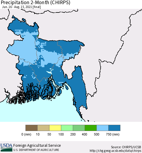 Bangladesh Precipitation 2-Month (CHIRPS) Thematic Map For 6/16/2021 - 8/15/2021