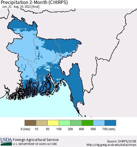 Bangladesh Precipitation 2-Month (CHIRPS) Thematic Map For 6/21/2021 - 8/20/2021