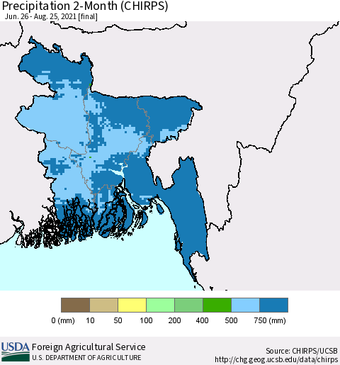 Bangladesh Precipitation 2-Month (CHIRPS) Thematic Map For 6/26/2021 - 8/25/2021