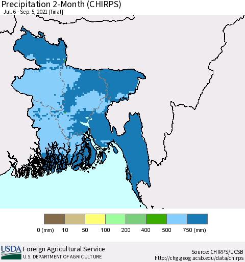 Bangladesh Precipitation 2-Month (CHIRPS) Thematic Map For 7/6/2021 - 9/5/2021