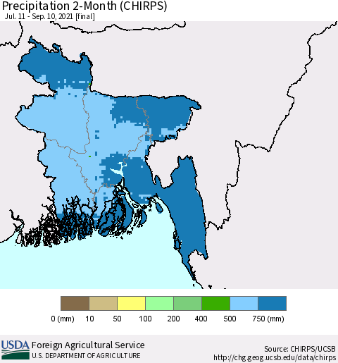 Bangladesh Precipitation 2-Month (CHIRPS) Thematic Map For 7/11/2021 - 9/10/2021