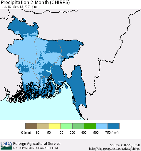 Bangladesh Precipitation 2-Month (CHIRPS) Thematic Map For 7/16/2021 - 9/15/2021