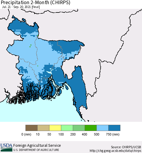 Bangladesh Precipitation 2-Month (CHIRPS) Thematic Map For 7/21/2021 - 9/20/2021