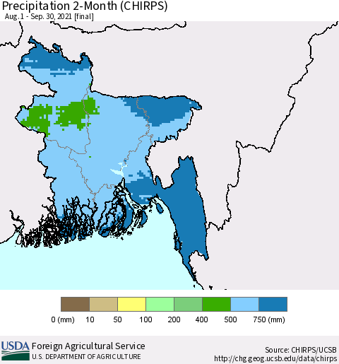 Bangladesh Precipitation 2-Month (CHIRPS) Thematic Map For 8/1/2021 - 9/30/2021