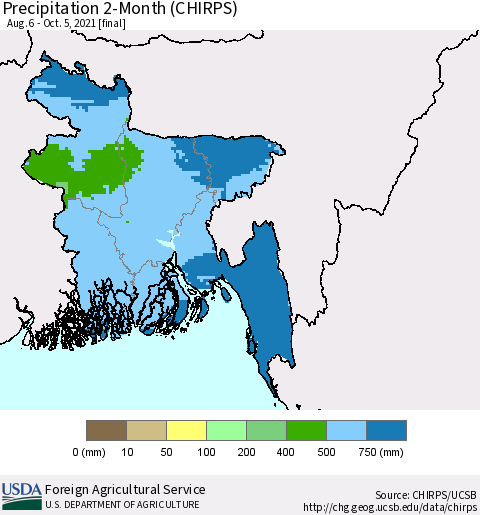 Bangladesh Precipitation 2-Month (CHIRPS) Thematic Map For 8/6/2021 - 10/5/2021