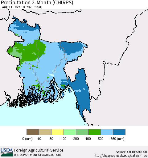 Bangladesh Precipitation 2-Month (CHIRPS) Thematic Map For 8/11/2021 - 10/10/2021