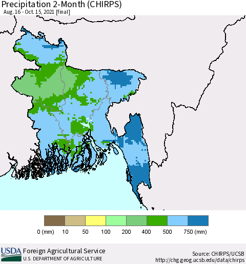 Bangladesh Precipitation 2-Month (CHIRPS) Thematic Map For 8/16/2021 - 10/15/2021
