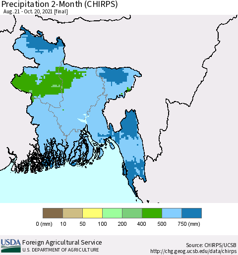 Bangladesh Precipitation 2-Month (CHIRPS) Thematic Map For 8/21/2021 - 10/20/2021